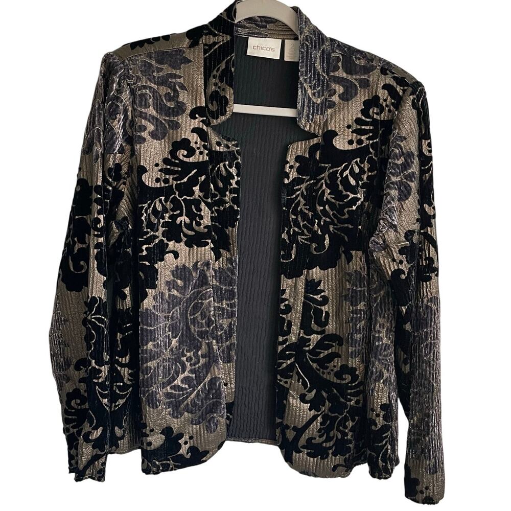 Chico’s Velvet Burnout Blazer Jacket Sz L Open Front Textured Whimsigoth Chic